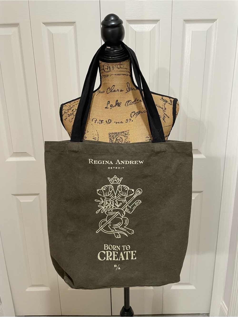 Regina-Andrew Olive Canvas Tote with Black Straps and 'Born to Create' Print